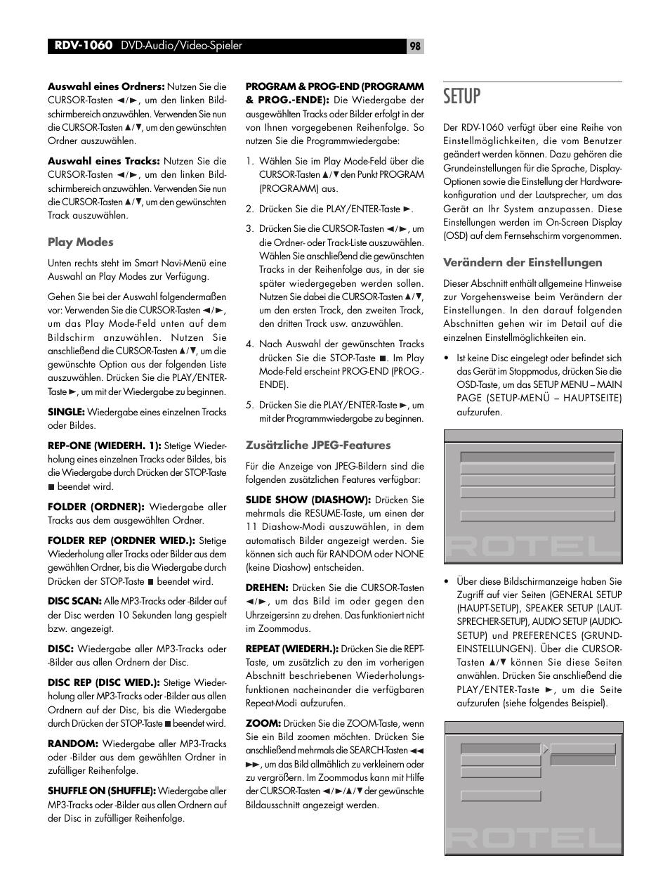 Play modes, Zusätzliche jpeg-features, Setup | Verändern der einstellungen | ROTEL RDV-1060 User Manual | Page 98 / 108