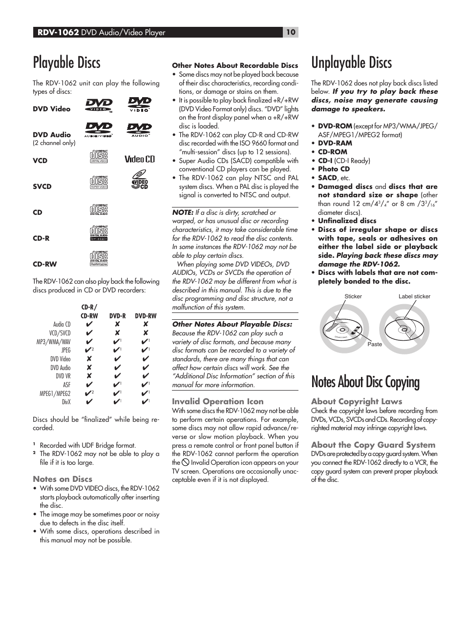 Playable discs, Notes on discs, Invalid operation icon | Unplayable discs, Notes about disc copying, About copyright laws, About the copy guard system, Unplayable discs notes about disc copying | ROTEL RDV-1062 User Manual | Page 10 / 85