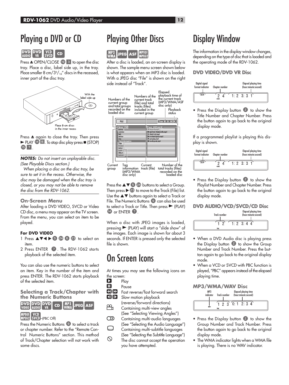 Playing a dvd or cd, On-screen menu, Selecting a track/chapter with the numeric buttons | Playing other discs, On screen icons, Display window, Dvd video/dvd vr disc, Dvd audio/vcd/svcd/cd disc, Mp3/wma/wav disc, Playing other discs on screen icons | ROTEL RDV-1062 User Manual | Page 12 / 85