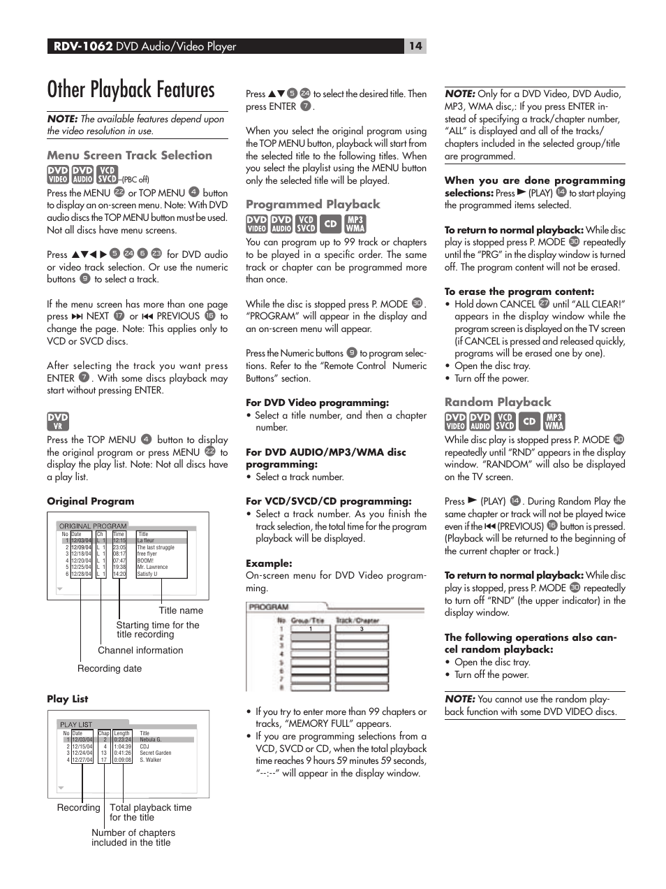 Other playback features, Menu screen track selection, Programmed playback | Random playback | ROTEL RDV-1062 User Manual | Page 14 / 85