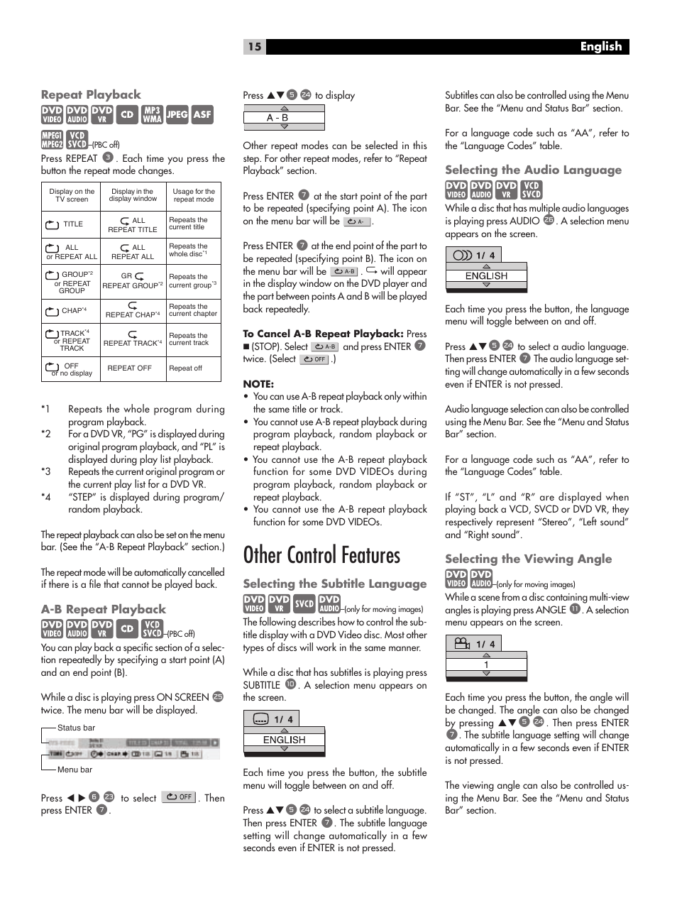 Repeat playback, A-b repeat playback, Other control features | Selecting the subtitle language, Selecting the audio language, Selecting the viewing angle | ROTEL RDV-1062 User Manual | Page 15 / 85