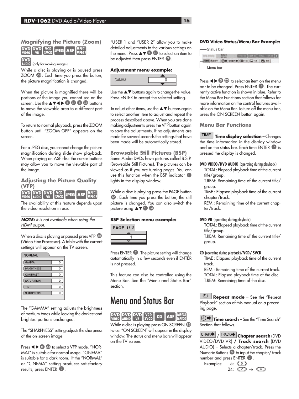 Magnifying the picture (zoom), Adjusting the picture quality (vfp), Browsable still pictures (bsp) | Menu and status bar, Menu bar functions | ROTEL RDV-1062 User Manual | Page 16 / 85