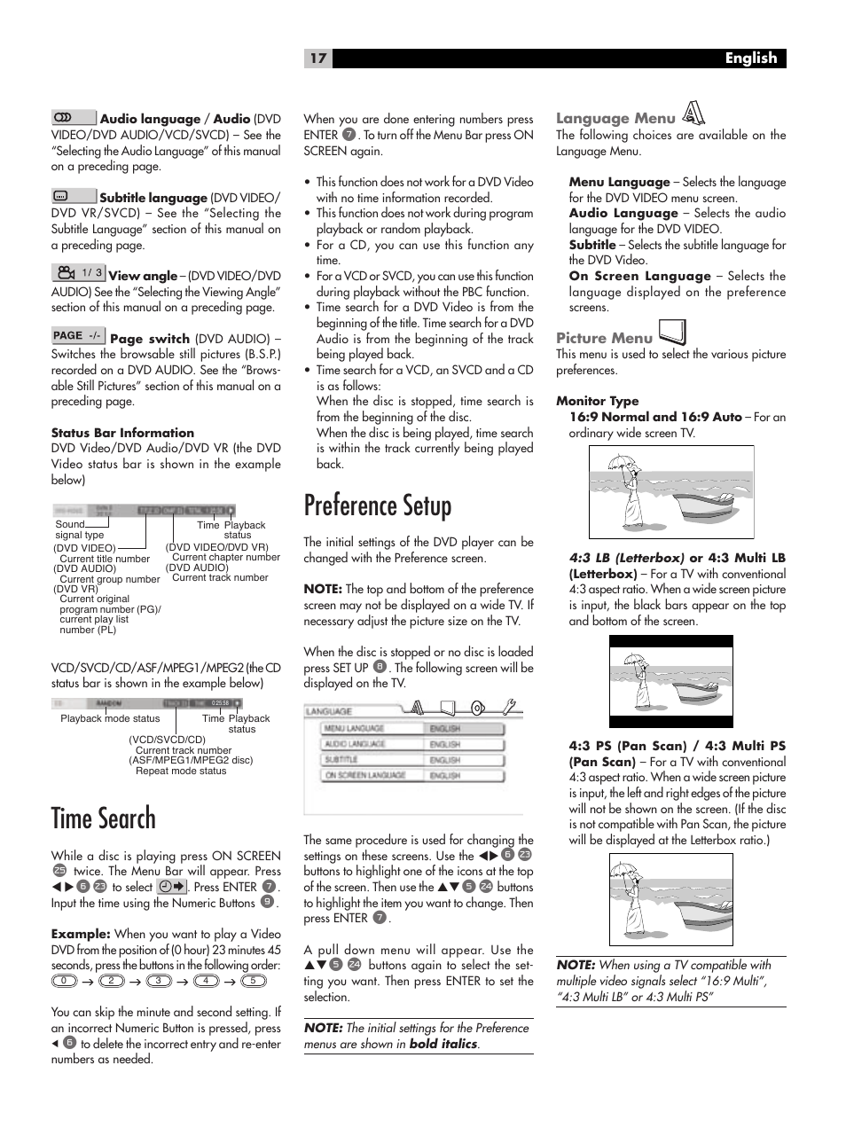 Time search, Preference setup, Language menu | Picture menu, Time search preference setup | ROTEL RDV-1062 User Manual | Page 17 / 85
