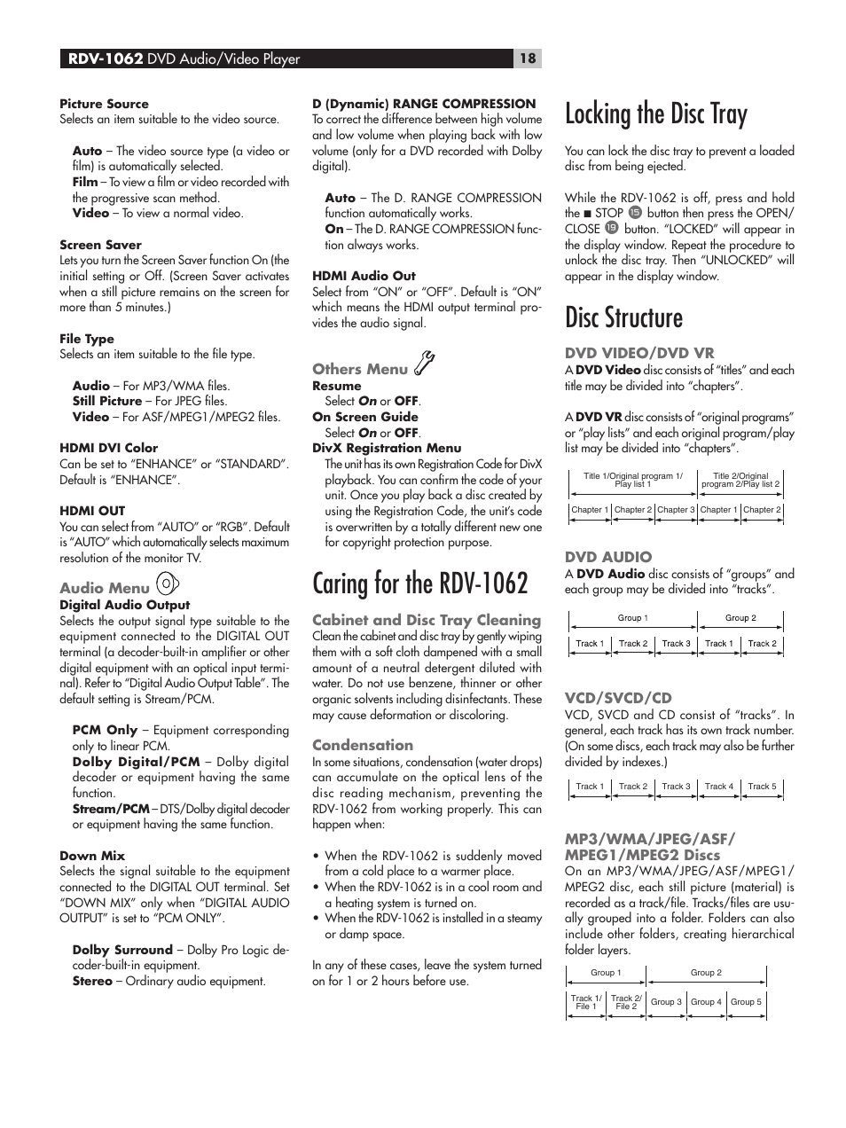 Audio menu, Others menu, Caring for the rdv-1062 | Cabinet and disc tray cleaning, Condensation, Locking the disc tray, Disc structure, Dvd video/dvd vr, Dvd audio, Vcd/svcd/cd | ROTEL RDV-1062 User Manual | Page 18 / 85