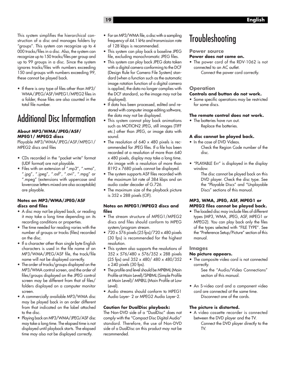 Additional disc information, Troubleshooting, Power source | Operation, Images, Additional disc information troubleshooting | ROTEL RDV-1062 User Manual | Page 19 / 85