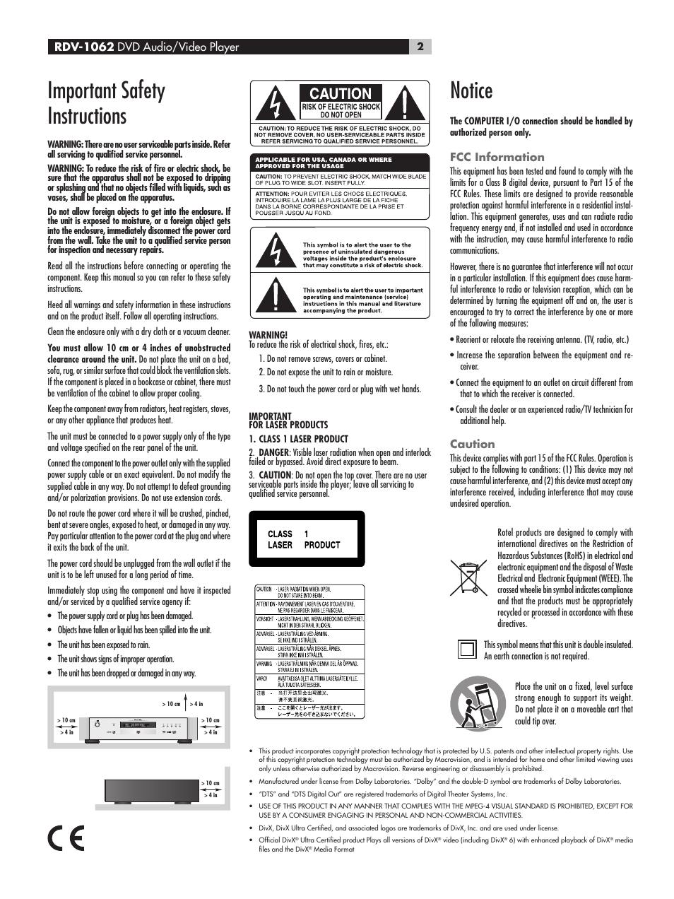 Important safety instructions, Notice, Fcc information | Caution | ROTEL RDV-1062 User Manual | Page 2 / 85