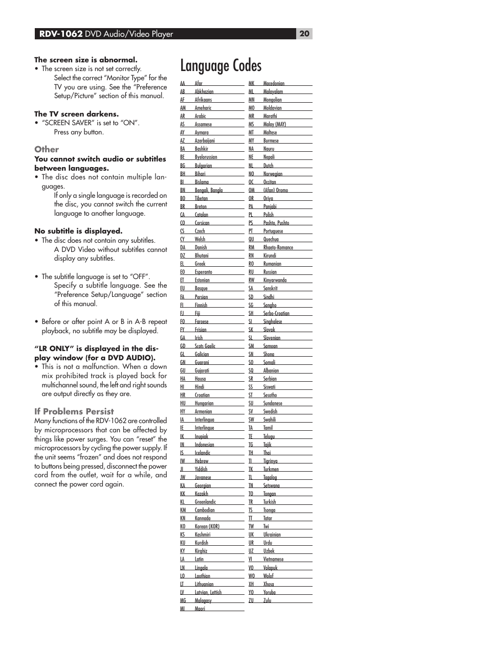 Other, If problems persist, Language codes | Rdv-1062 dvd audio/video player | ROTEL RDV-1062 User Manual | Page 20 / 85
