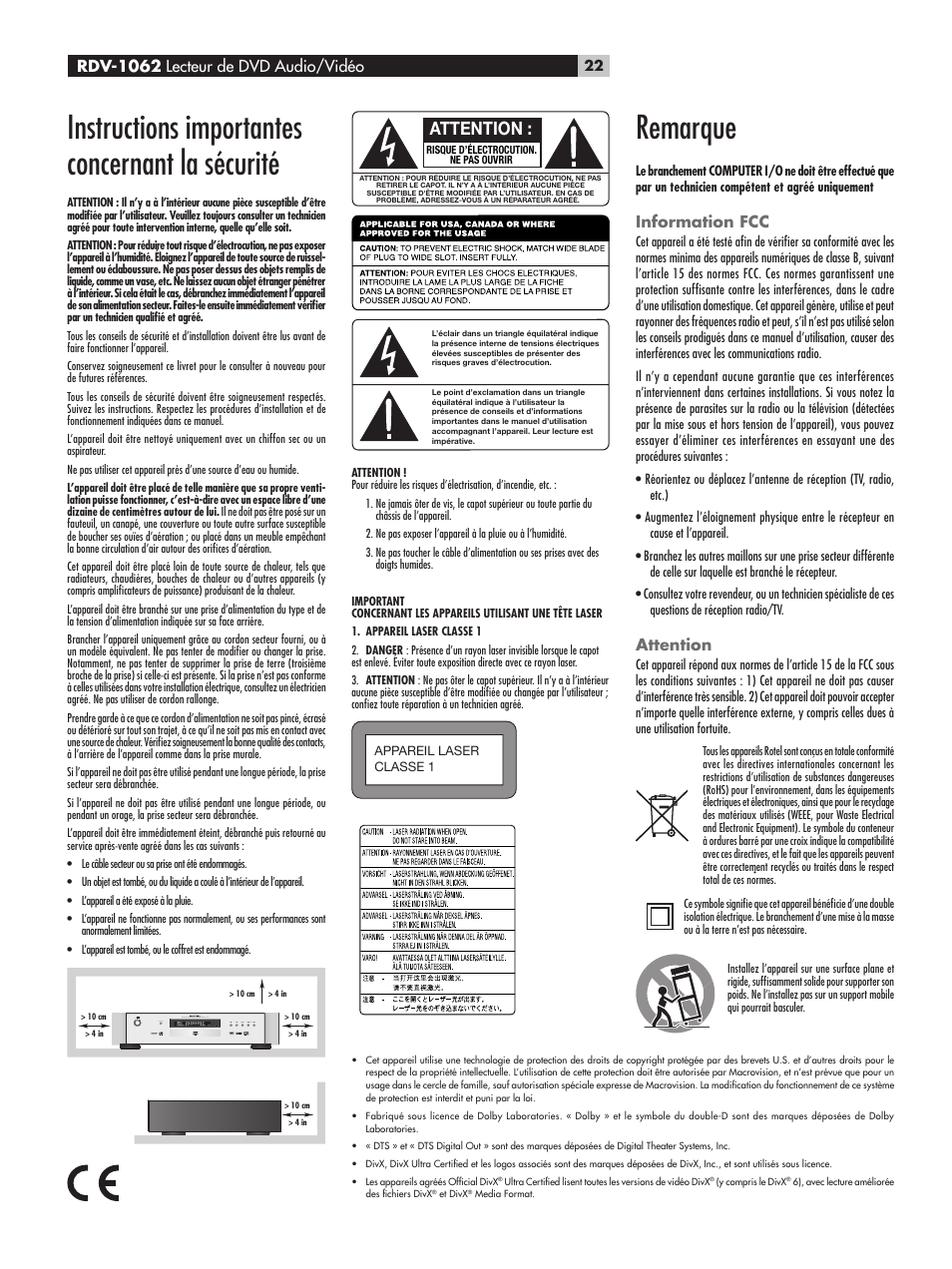 Instructions importantes concernant la sécurité, Remarque, Information fcc | Attention, Rdv-1062 lecteur de dvd audio/vidéo | ROTEL RDV-1062 User Manual | Page 22 / 85