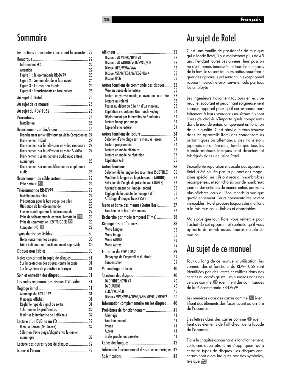 Au sujet de rotel, Au sujet de ce manuel, Sommaire | ROTEL RDV-1062 User Manual | Page 25 / 85
