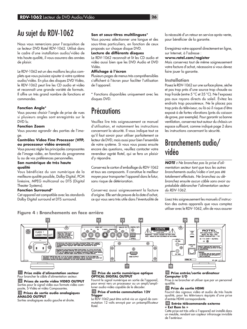 Au sujet du rdv-1062, Précautions, Installation | Branchements audio/vidéo, Figure 4 : branchements en face arrière, Au sujet du rdv-1062 précautions, Branchements audio/ vidéo | ROTEL RDV-1062 User Manual | Page 26 / 85
