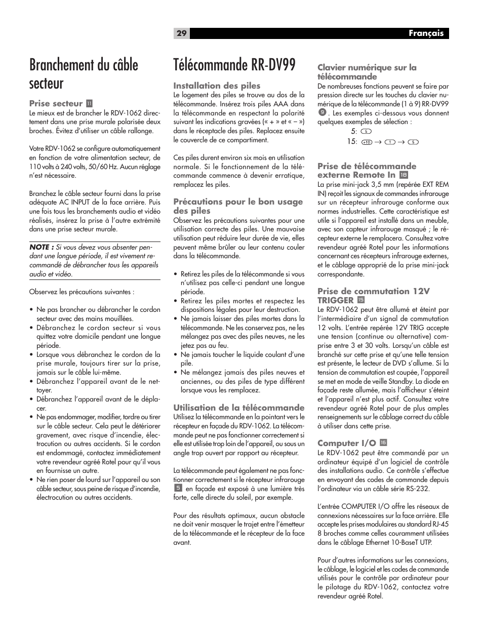 Branchement du câble secteur, Prise secteur, Télécommande rr-dv99 | Installation des piles, Précautions pour le bon usage des piles, Utilisation de la télécommande, Clavier numérique sur la télécommande, Prise de télécommande externe remote in y, Prise de commutation 12v trigger e, Computer i/o r | ROTEL RDV-1062 User Manual | Page 29 / 85