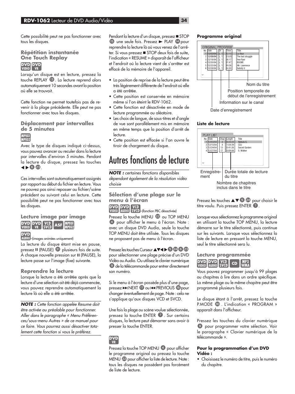 Répétition instantanée one touch replay, Déplacement par intervalles de 5 minutes, Lecture image par image | Reprendre la lecture, Autres fonctions de lecture, Sélection d’une plage sur le menu à l’écran, Lecture programmée | ROTEL RDV-1062 User Manual | Page 34 / 85