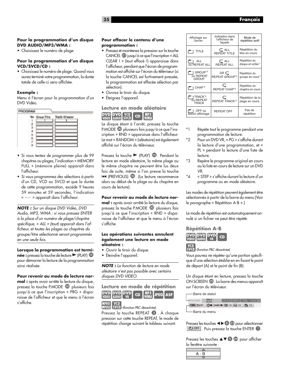 Lecture en mode aléatoire, Lecture en mode de répétition, Répétition a-b | Français | ROTEL RDV-1062 User Manual | Page 35 / 85