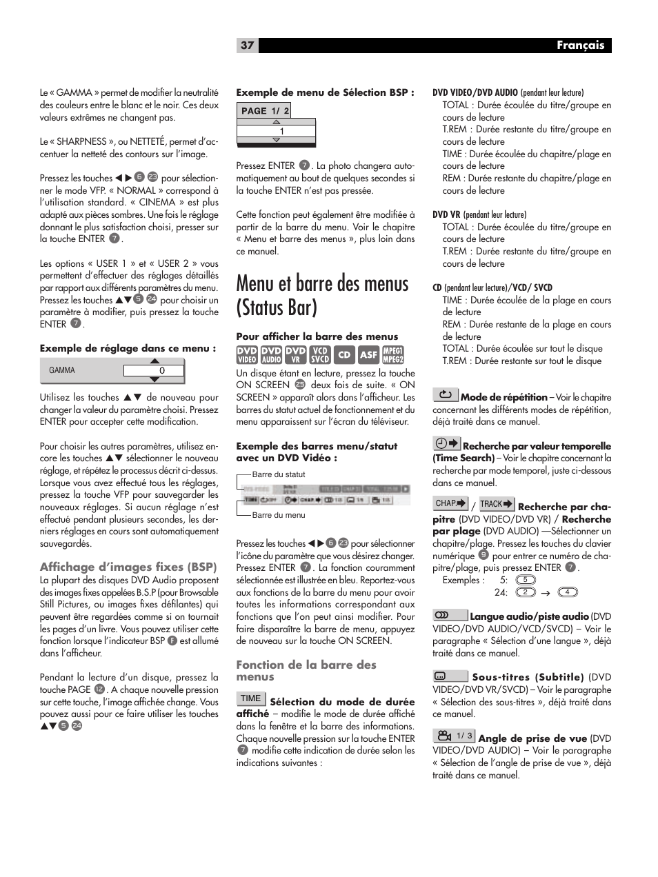Affichage d’images fixes (bsp), Menu et barre des menus (status bar), Fonction de la barre des menus | Afﬁchage d’images ﬁxes (bsp) | ROTEL RDV-1062 User Manual | Page 37 / 85