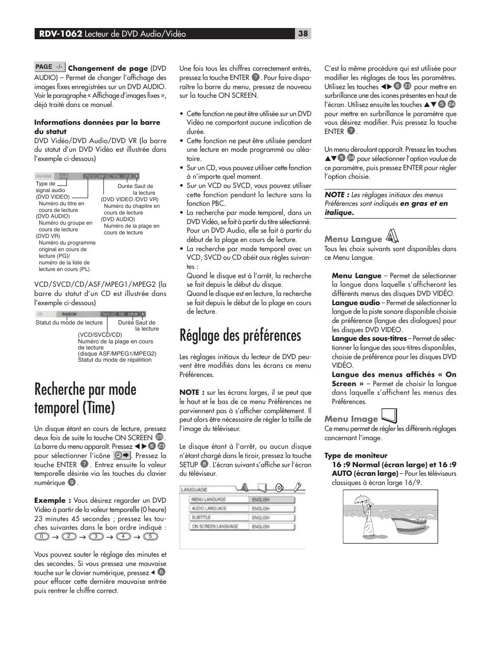 Recherche par mode temporel (time), Réglage des préférences, Menu langue | Menu image | ROTEL RDV-1062 User Manual | Page 38 / 85