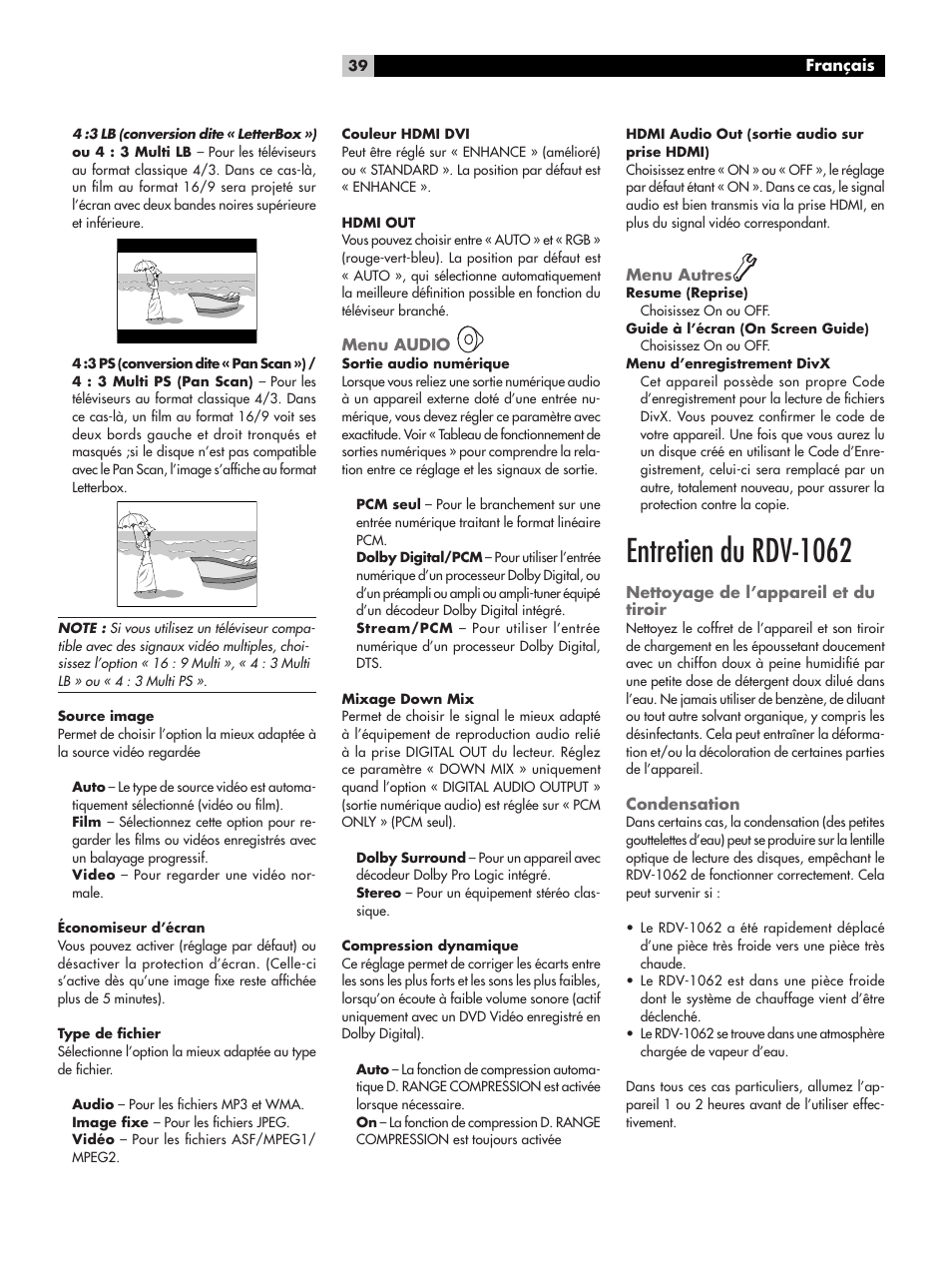 Menu audio, Menu autres, Entretien du rdv-1062 | Nettoyage de l’appareil et du tiroir, Condensation | ROTEL RDV-1062 User Manual | Page 39 / 85
