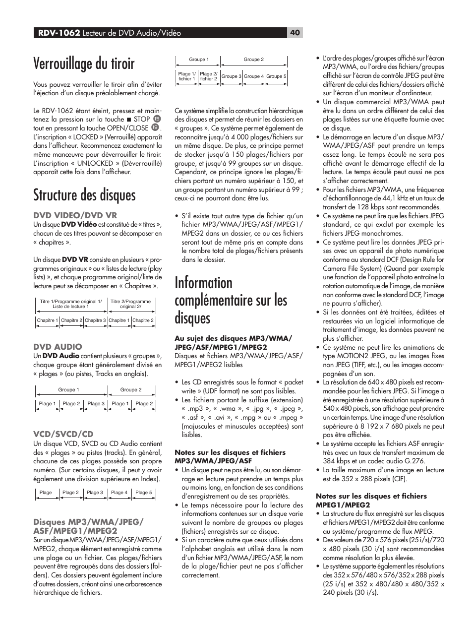 Verrouillage du tiroir, Structure des disques, Dvd video/dvd vr | Dvd audio, Vcd/svcd/cd, Disques mp3/wma/jpeg/asf/mpeg1/mpeg2, Information complémentaire sur les disques, Verrouillage du tiroir structure des disques | ROTEL RDV-1062 User Manual | Page 40 / 85