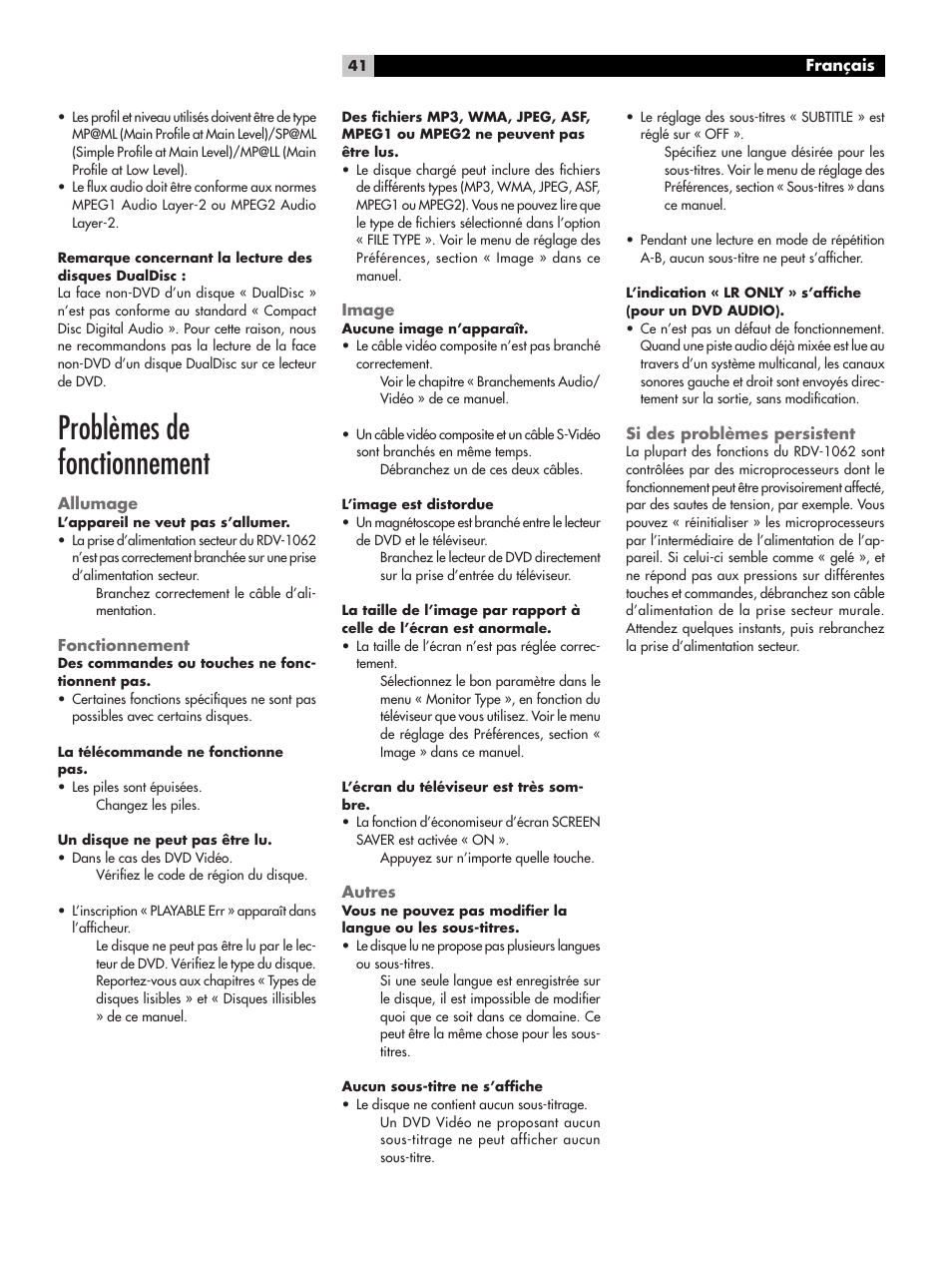 Problèmes de fonctionnement, Allumage, Fonctionnement | Image, Autres, Si des problèmes persistent | ROTEL RDV-1062 User Manual | Page 41 / 85