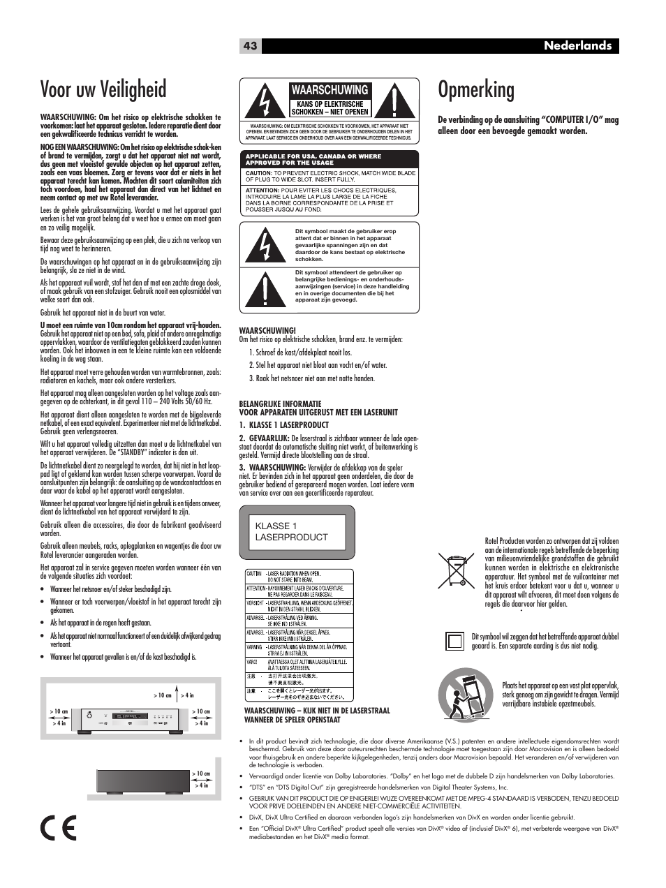 Voor uw veiligheid, Opmerking, Waarschuwing | Nederlands | ROTEL RDV-1062 User Manual | Page 43 / 85