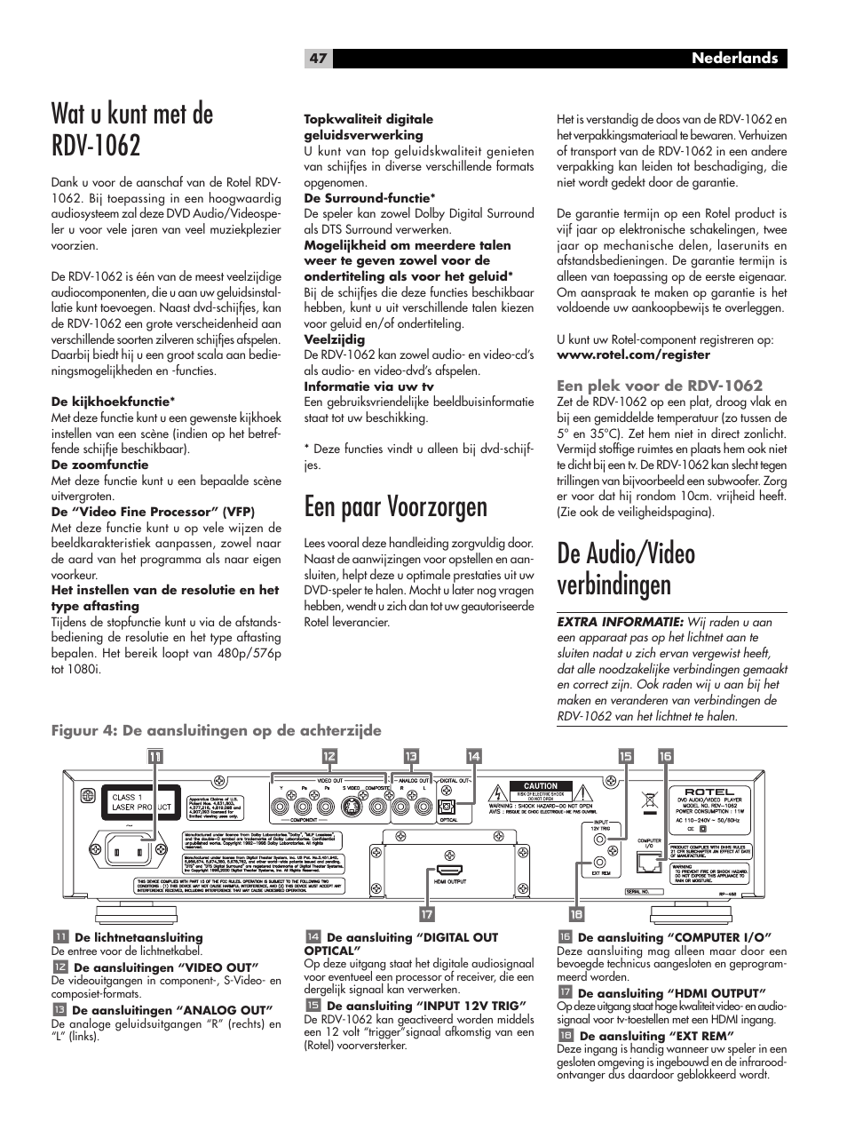 Wat u kunt met de rdv-1062, Een paar voorzorgen, Een plek voor de rdv-1062 | De audio/video verbindingen, Figuur 4: de aansluitingen op de achterzijde, Wat u kunt met de rdv-1062 een paar voorzorgen | ROTEL RDV-1062 User Manual | Page 47 / 85