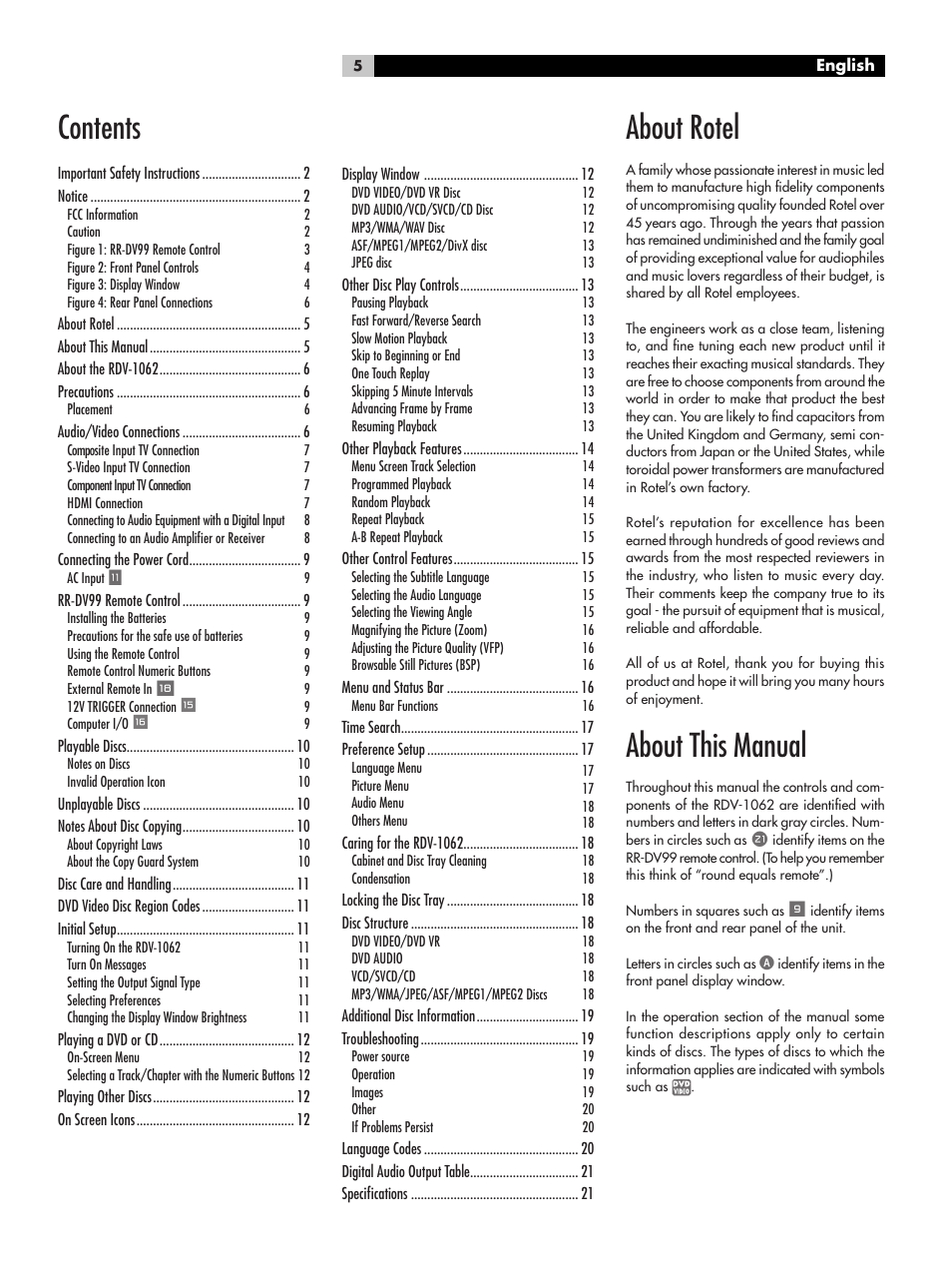 ROTEL RDV-1062 User Manual | Page 5 / 85