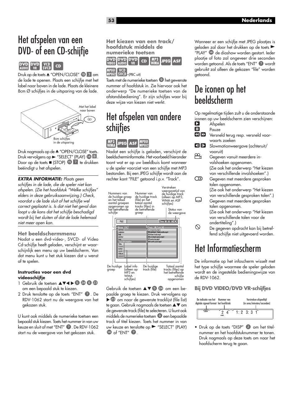 Het afspelen van een dvd- of een cd-schijfje, Het beeldschermmenu, Het afspelen van andere schijfjes | De iconen op het beeldscherm, Het informatiescherm, Bij dvd video/dvd vr-schijfjes | ROTEL RDV-1062 User Manual | Page 53 / 85
