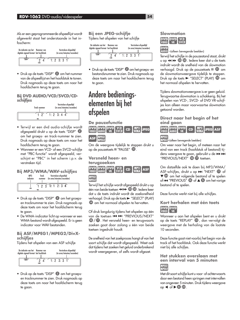 Bij dvd audio/vcd/svcd/cd-schijfjes, Bij mp3/wma/wav-schijfjes, Bij asf/mpeg1/mpeg2/divx-schijfjes | Bij een jpeg-schijfje, Andere bedieningselementen bij het afspelen, De pauzefunctie, Versneld heen- en terugzoeken, Slowmotion, Direct naar het begin of het eind gaan, Kort herhalen met één toets | ROTEL RDV-1062 User Manual | Page 54 / 85