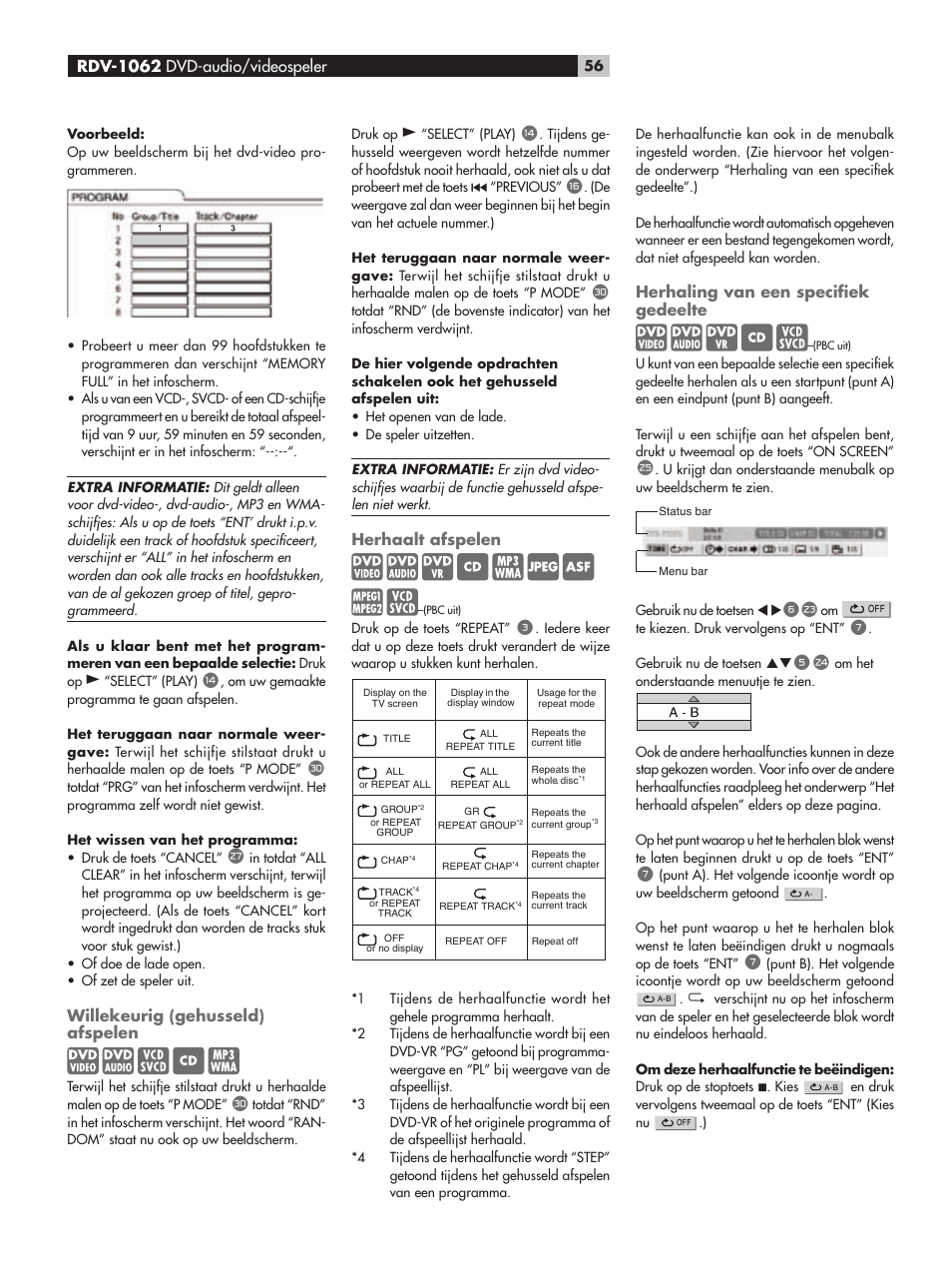 Willekeurig (gehusseld) afspelen, Herhaalt afspelen, Herhaling van een specifiek gedeelte | Herhaling van een speciﬁek gedeelte | ROTEL RDV-1062 User Manual | Page 56 / 85