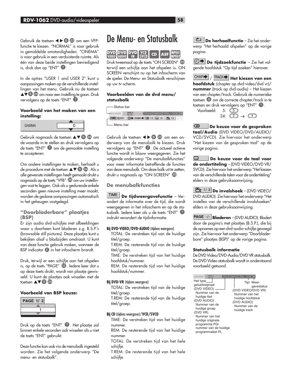Doorbladerbare” plaatjes (bsp), De menu- en statusbalk, De menubalkfuncties | ROTEL RDV-1062 User Manual | Page 58 / 85