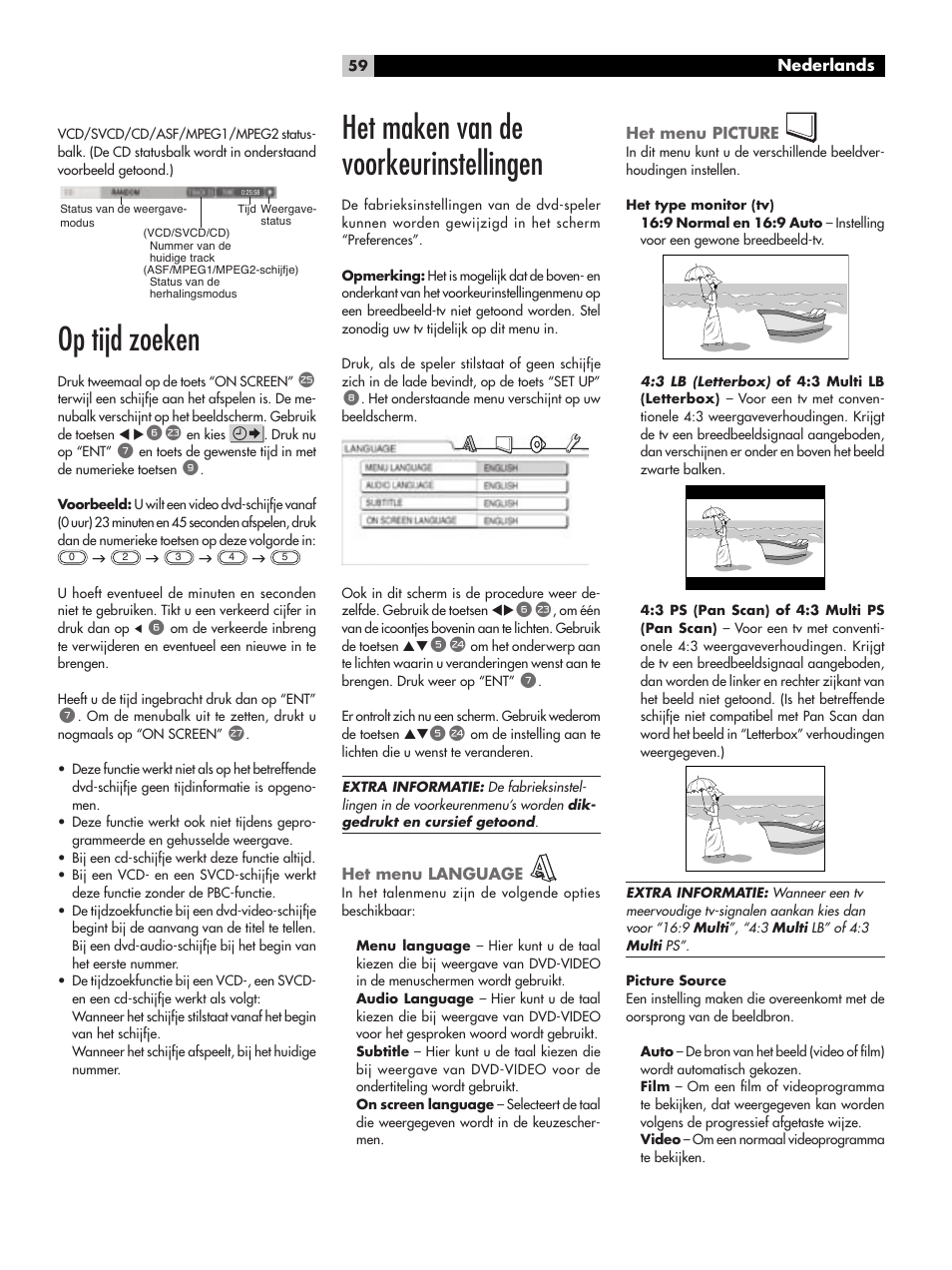 Op tijd zoeken, Het maken van de voorkeurinstellingen, Het menu language | Het menu picture | ROTEL RDV-1062 User Manual | Page 59 / 85