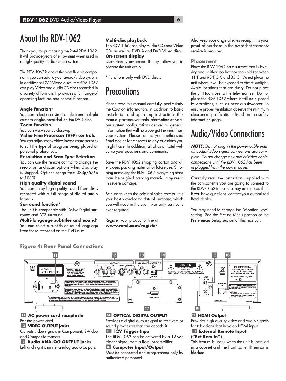 About the rdv-1062, Precautions, Placement | Audio/video connections, Figure 4: rear panel connections, About the rdv-1062 precautions | ROTEL RDV-1062 User Manual | Page 6 / 85