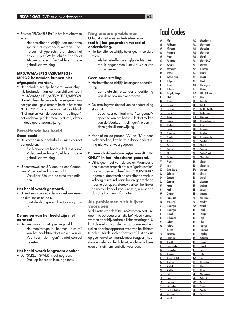 Betreffende het beeld, Nog andere problemen, Als problemen zich blijven voordoen | Taal codes, Rdv-1062 dvd-audio/videospeler | ROTEL RDV-1062 User Manual | Page 62 / 85