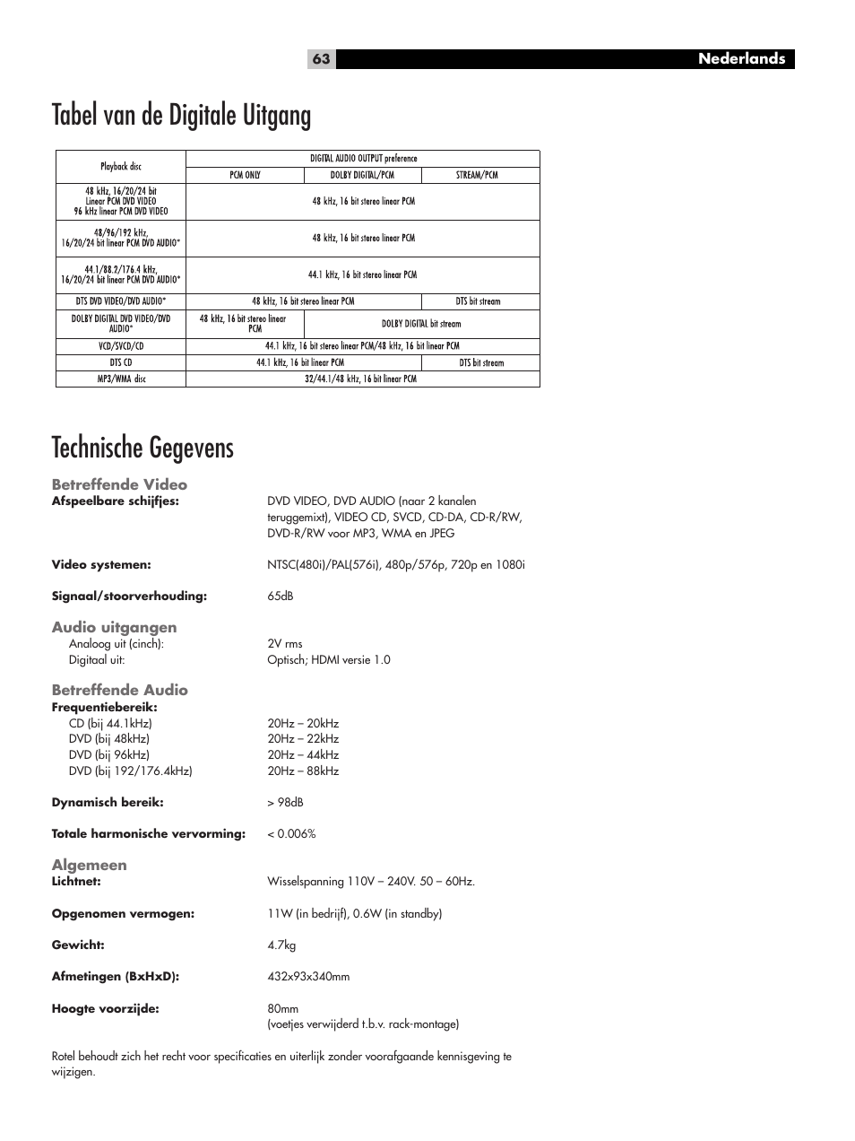 Tabel van de digitale uitgang, Technische gegevens, Tabel van de digitale uitgang technische gegevens | ROTEL RDV-1062 User Manual | Page 63 / 85