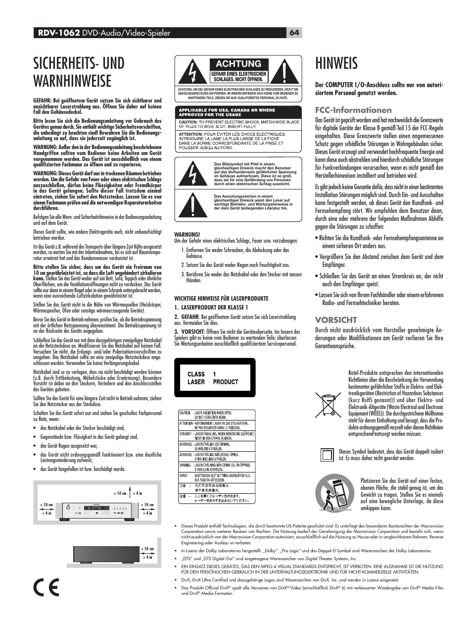 Sicherheits- und warnhinweise, Hinweis, Fcc-informationen | Vorsicht, Achtung, Rdv-1062 dvd-audio/video-spieler | ROTEL RDV-1062 User Manual | Page 64 / 85
