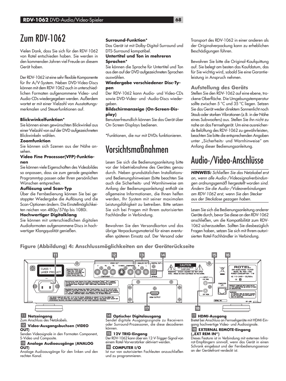 Zum rdv-1062, Vorsichtsmaßnahmen, Aufstellung des geräts | Audio-/video-anschlüsse, Zum rdv-1062 vorsichtsmaßnahmen | ROTEL RDV-1062 User Manual | Page 68 / 85