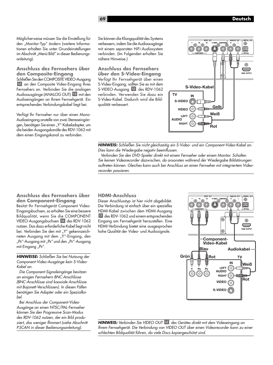 Hdmi-anschluss, Anschluss des fernsehers über den s-video-eingang, Anschluss des fernsehers über den | Component-eingang | ROTEL RDV-1062 User Manual | Page 69 / 85
