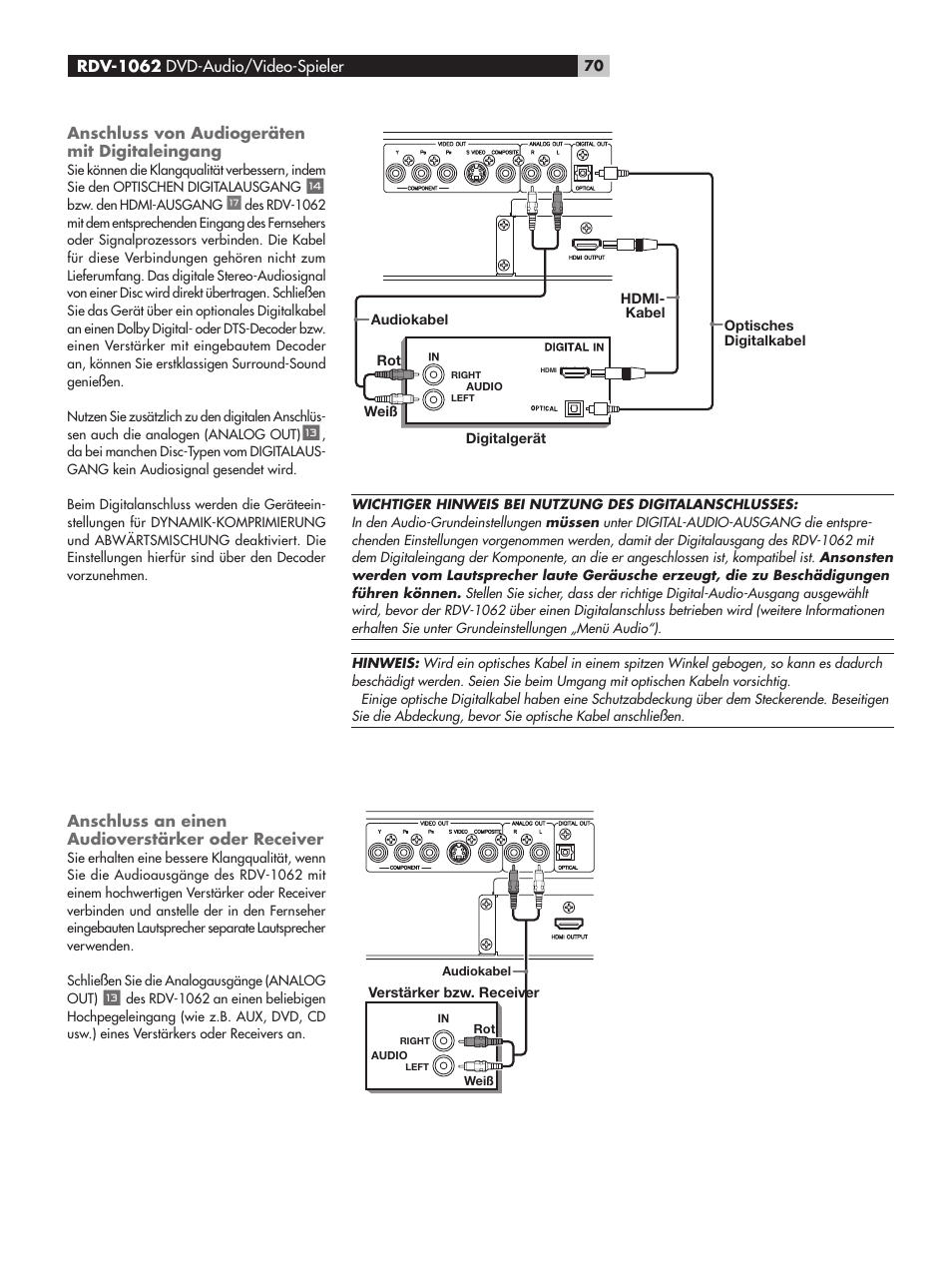 Anschluss von audiogeräten mit digitaleingang, Anschluss an einen audioverstärker oder receiver | ROTEL RDV-1062 User Manual | Page 70 / 85