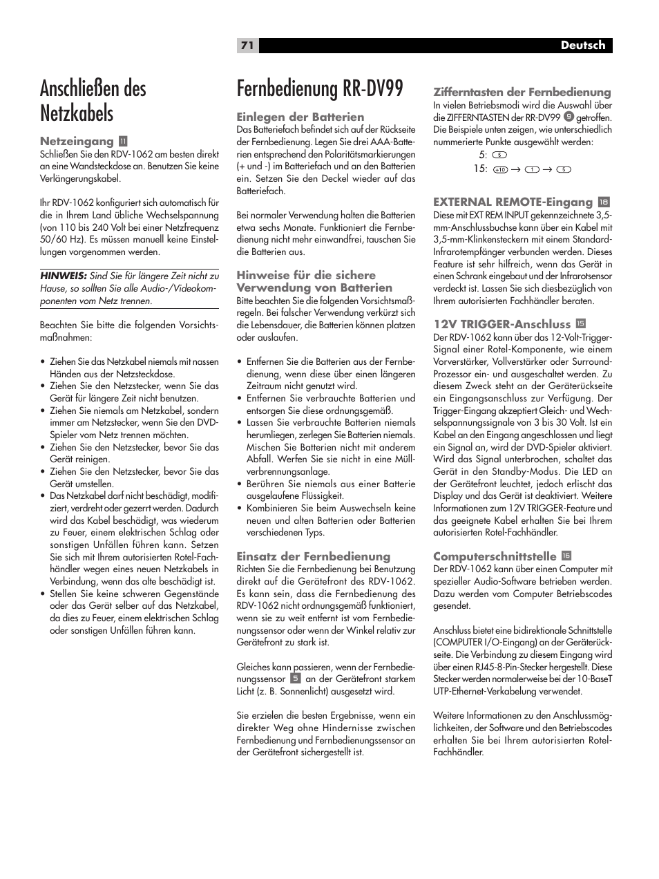 Anschließen des netzkabels, Netzeingang, Fernbedienung rr-dv99 | Einlegen der batterien, Hinweise für die sichere verwendung von batterien, Einsatz der fernbedienung, Zifferntasten der fernbedienung, External remote-eingang y, 12v trigger-anschluss e, Computerschnittstelle r | ROTEL RDV-1062 User Manual | Page 71 / 85