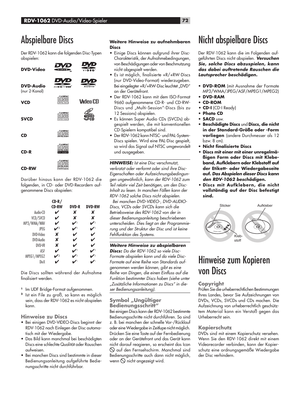 Abspielbare discs, Hinweise zu discs, Symbol „ungültiger bedienungsschritt | Nicht abspielbare discs, Hinweise zum kopieren von discs, Copyright, Kopierschutz | ROTEL RDV-1062 User Manual | Page 72 / 85