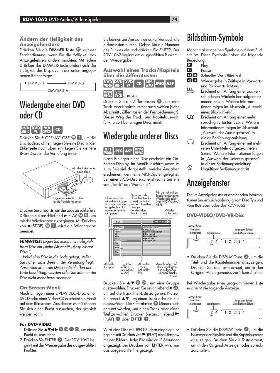 Ändern der helligkeit des anzeigefensters, Wiedergabe einer dvd oder cd, On-screen-menü | Wiedergabe anderer discs, Bildschirm-symbole, Anzeigefenster, Dvd-video/dvd-vr-disc, Wiedergabe anderer discs bildschirm-symbole | ROTEL RDV-1062 User Manual | Page 74 / 85
