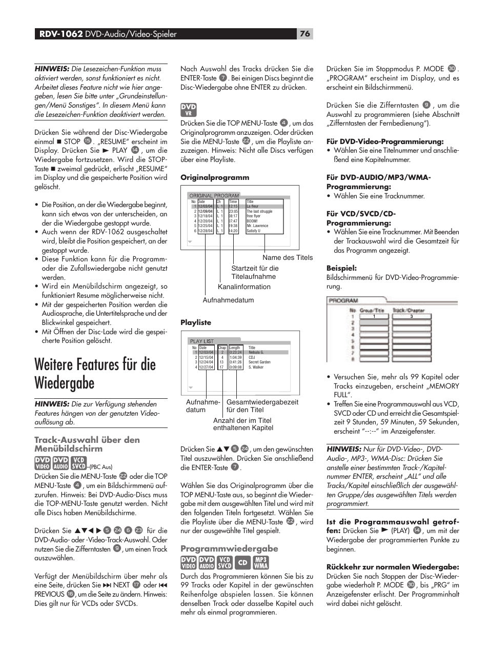 Weitere features für die wiedergabe, Track-auswahl über den menübildschirm, Programmwiedergabe | ROTEL RDV-1062 User Manual | Page 76 / 85