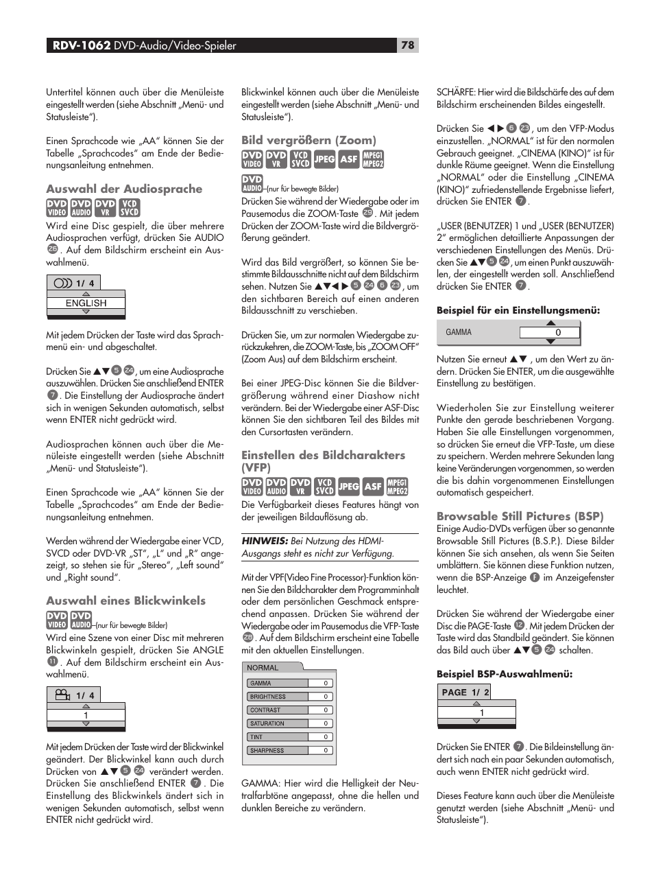 Auswahl der audiosprache, Auswahl eines blickwinkels, Bild vergrößern (zoom) | Einstellen des bildcharakters (vfp), Browsable still pictures (bsp) | ROTEL RDV-1062 User Manual | Page 78 / 85