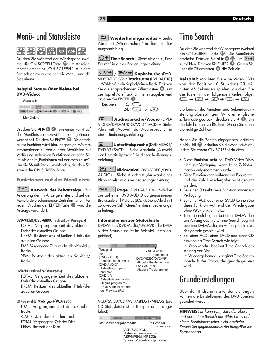 Menü- und statusleiste, Funktionen auf der menüleiste, Time search | Grundeinstellungen, Time search grundeinstellungen | ROTEL RDV-1062 User Manual | Page 79 / 85