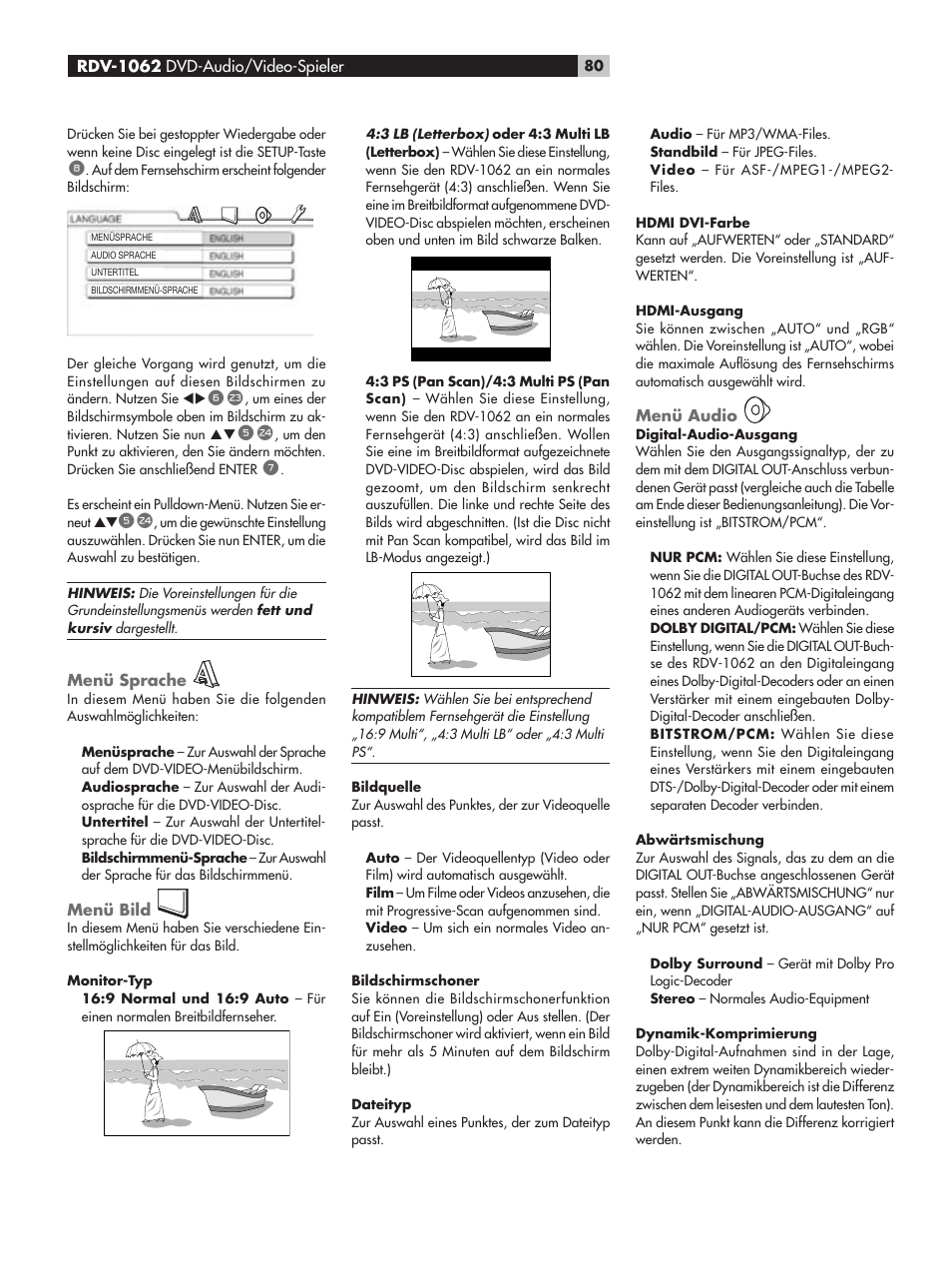Menü sprache, Menü bild, Menü audio | ROTEL RDV-1062 User Manual | Page 80 / 85