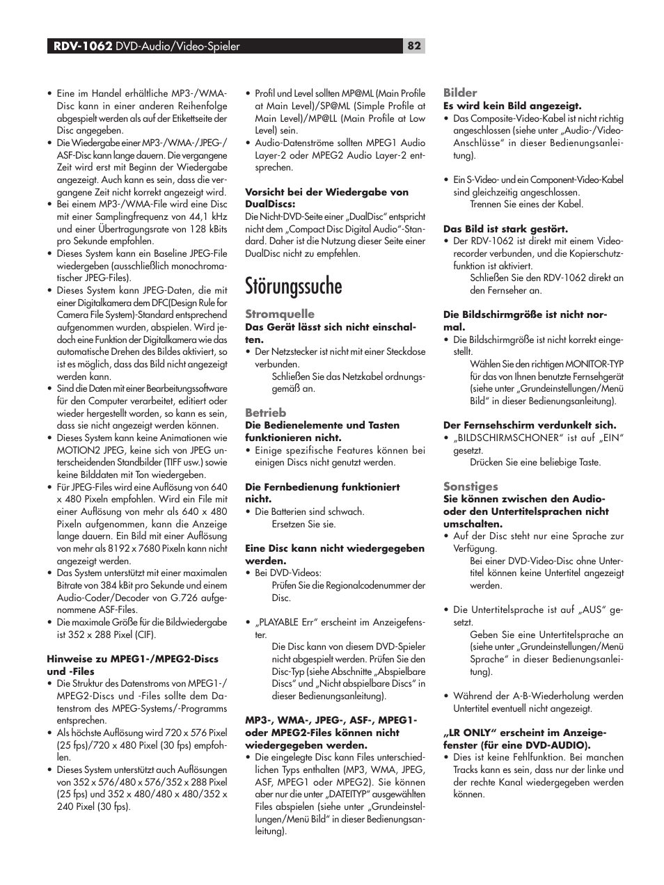Störungssuche, Stromquelle, Betrieb | Bilder, Sonstiges | ROTEL RDV-1062 User Manual | Page 82 / 85