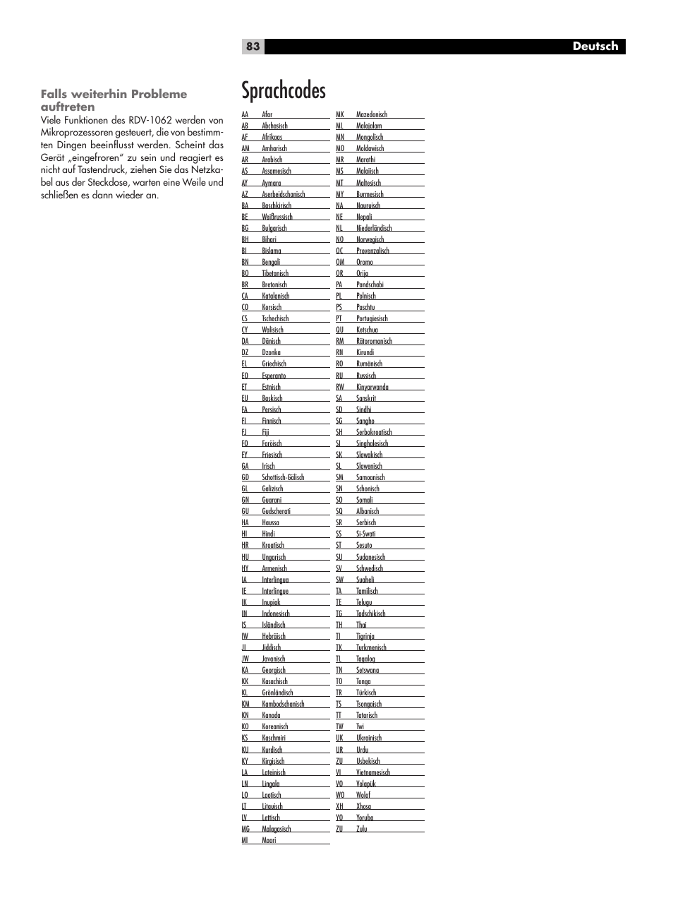 Falls weiterhin probleme auftreten, Sprachcodes, Deutsch falls weiterhin probleme auftreten | ROTEL RDV-1062 User Manual | Page 83 / 85