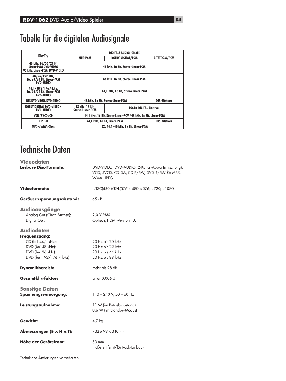 Tabelle für die digitalen audiosignale, Technische daten, Rdv-1062 dvd-audio/video-spieler | Videodaten, Audioausgänge, Audiodaten, Sonstige daten | ROTEL RDV-1062 User Manual | Page 84 / 85