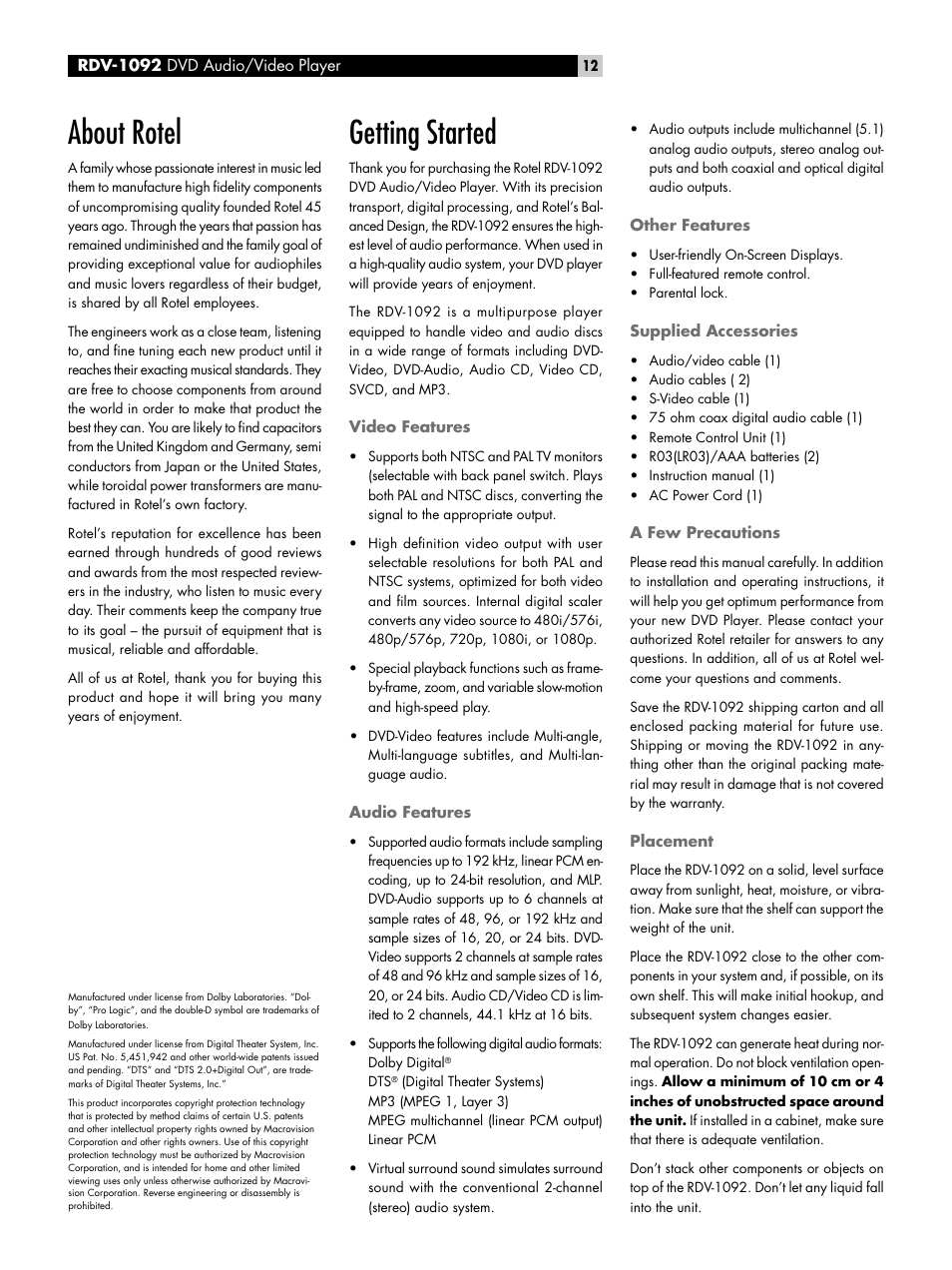 About rotel, Getting started, Video features | Audio features, Other features, Supplied accessories, A few precautions, Placement | ROTEL RDV-1092 User Manual | Page 12 / 83