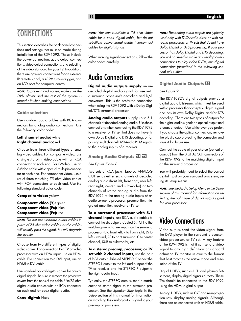 Connections, Cable selection, Audio connections | Analog audio outputs, Digital audio outputs, Video connections | ROTEL RDV-1092 User Manual | Page 13 / 83