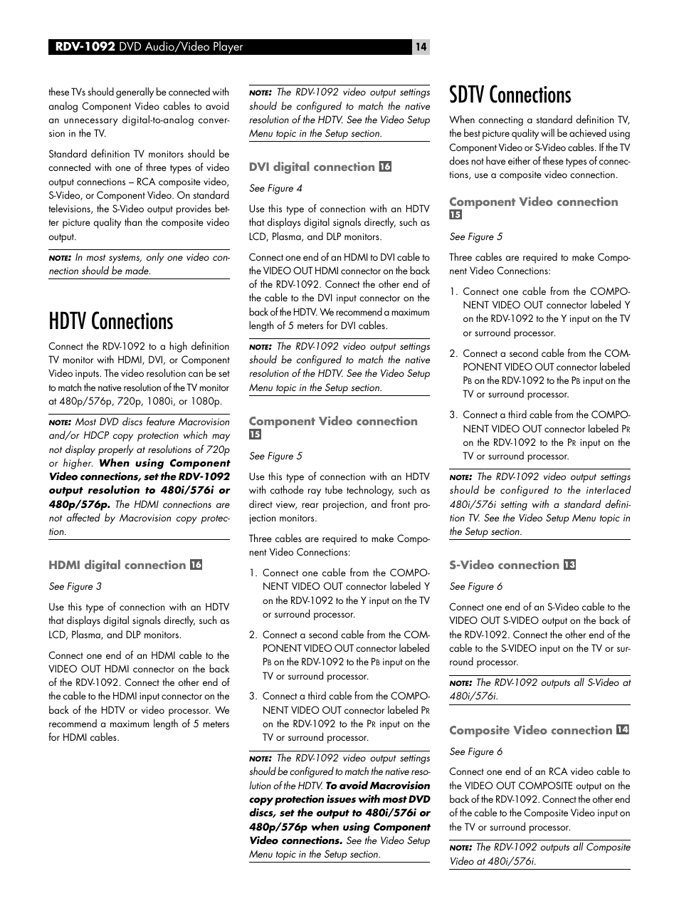 Hdtv connections, Hdmi digital connection, Dvi digital connection | Component video connection, Sdtv connections, S-video connection, Composite video connection | ROTEL RDV-1092 User Manual | Page 14 / 83